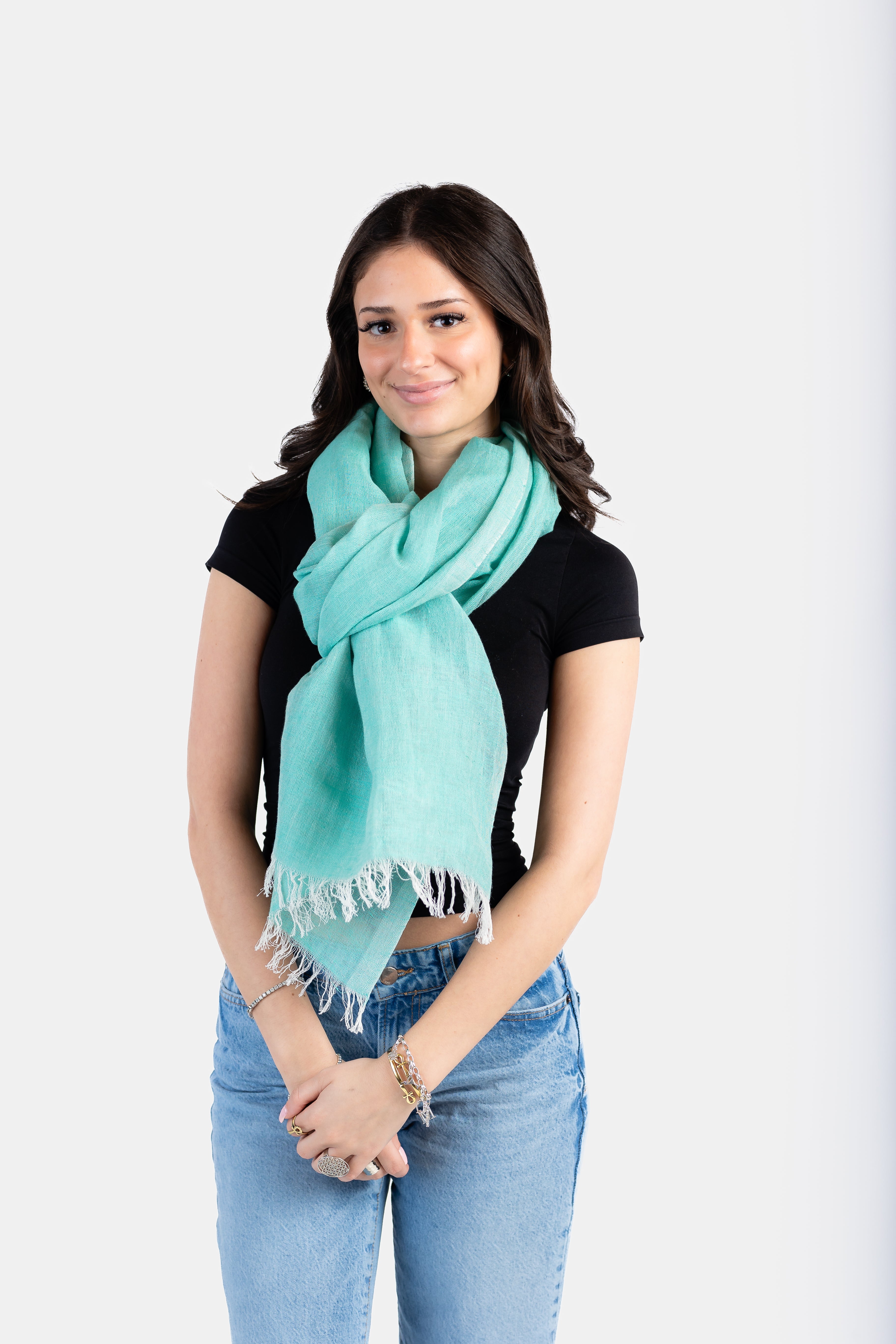 Linen Scarf Knit Shawl Natural Summer Wrap in Teal Blue selling Green Women