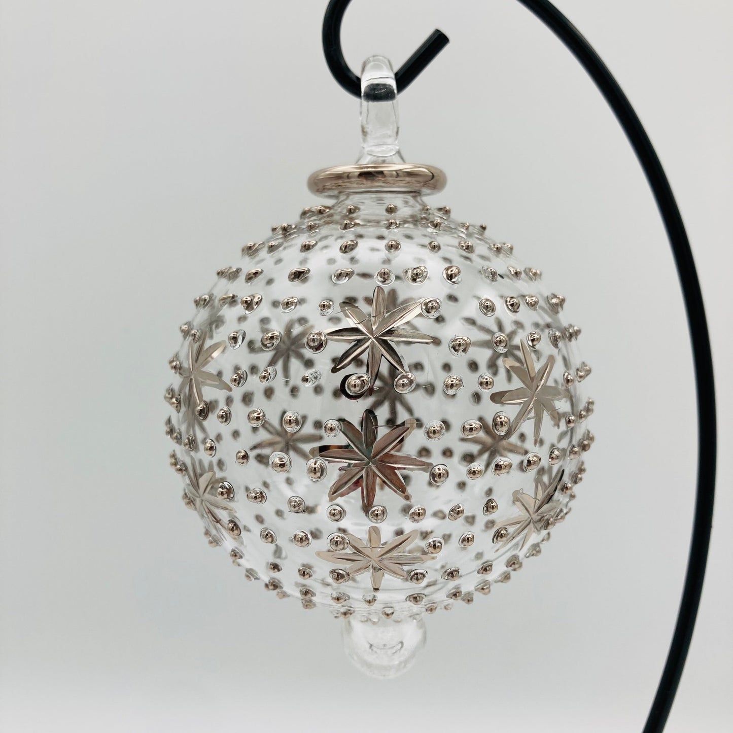 Blown Glass Ornament - Silver Stars & Dots