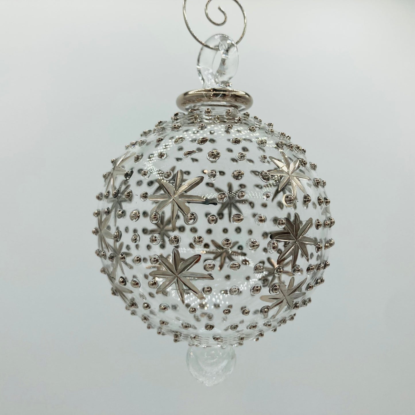 Blown Glass Ornament - Silver Stars & Dots