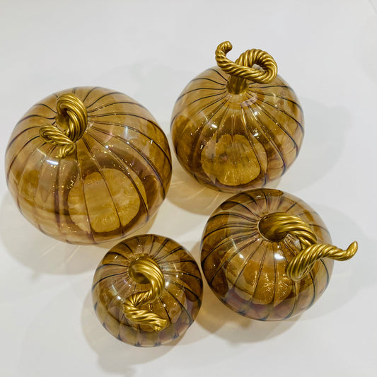 Blown Glass Tabletop Pumpkin - Iridescent Cinnamon with Gold Stem