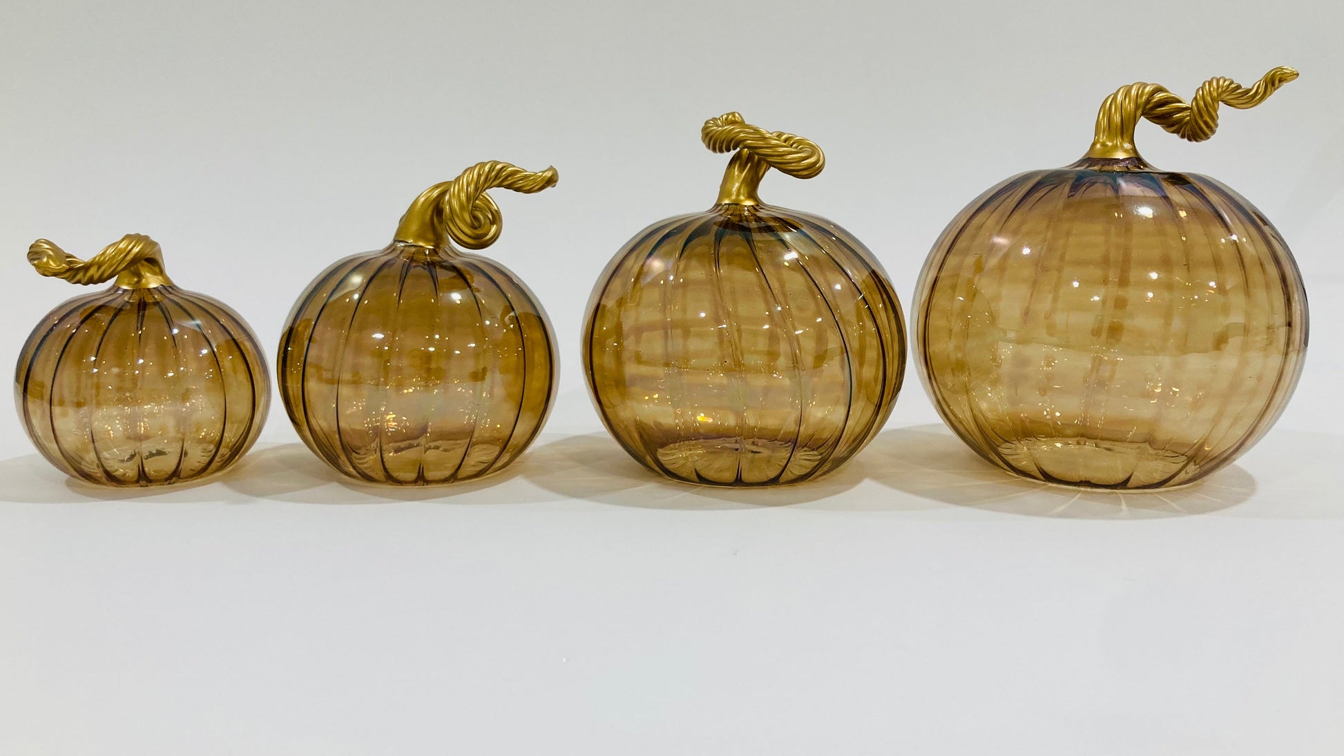 Blown Glass Tabletop Pumpkin - Iridescent Cinnamon with Gold Stem