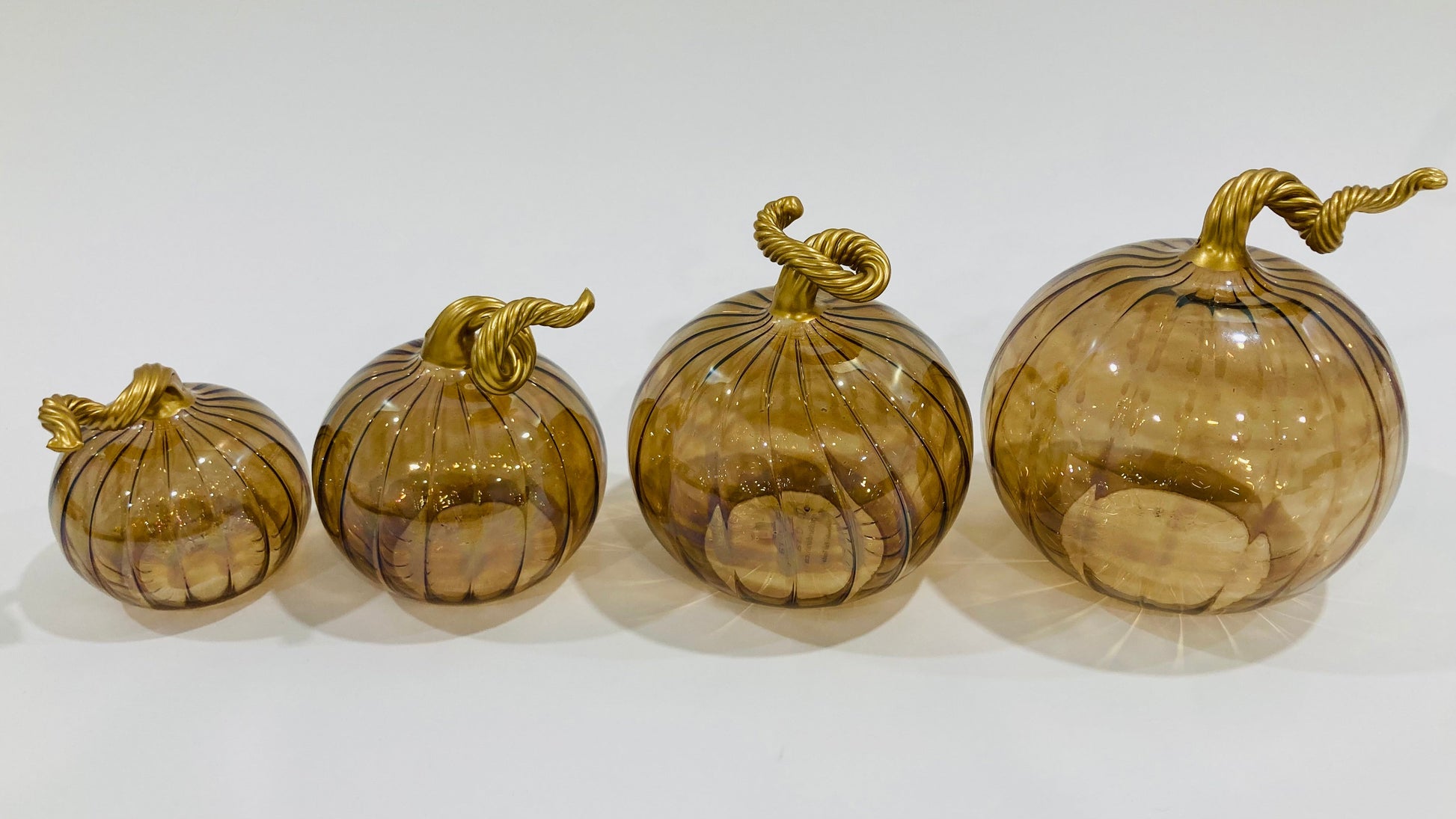 Blown Glass Tabletop Pumpkin - Iridescent Cinnamon with Gold Stem