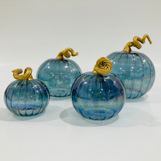 Blown Glass Tabletop Pumpkin - Iridescent Teal with Gold Stem