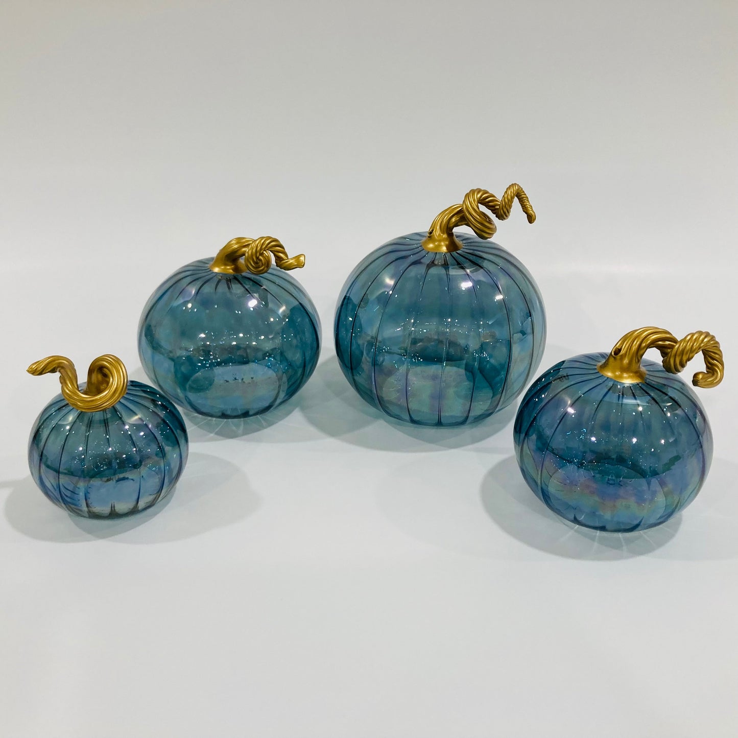 Blown Glass Tabletop Pumpkin - Iridescent Teal with Gold Stem