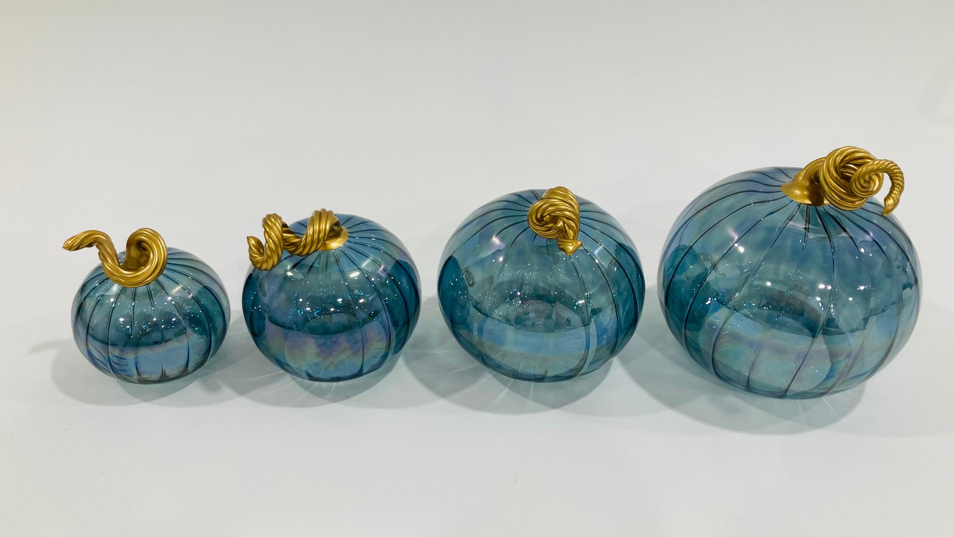 Blown Glass Tabletop Pumpkin - Iridescent Teal with Gold Stem