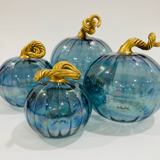 Blown Glass Tabletop Pumpkin - Iridescent Teal with Gold Stem