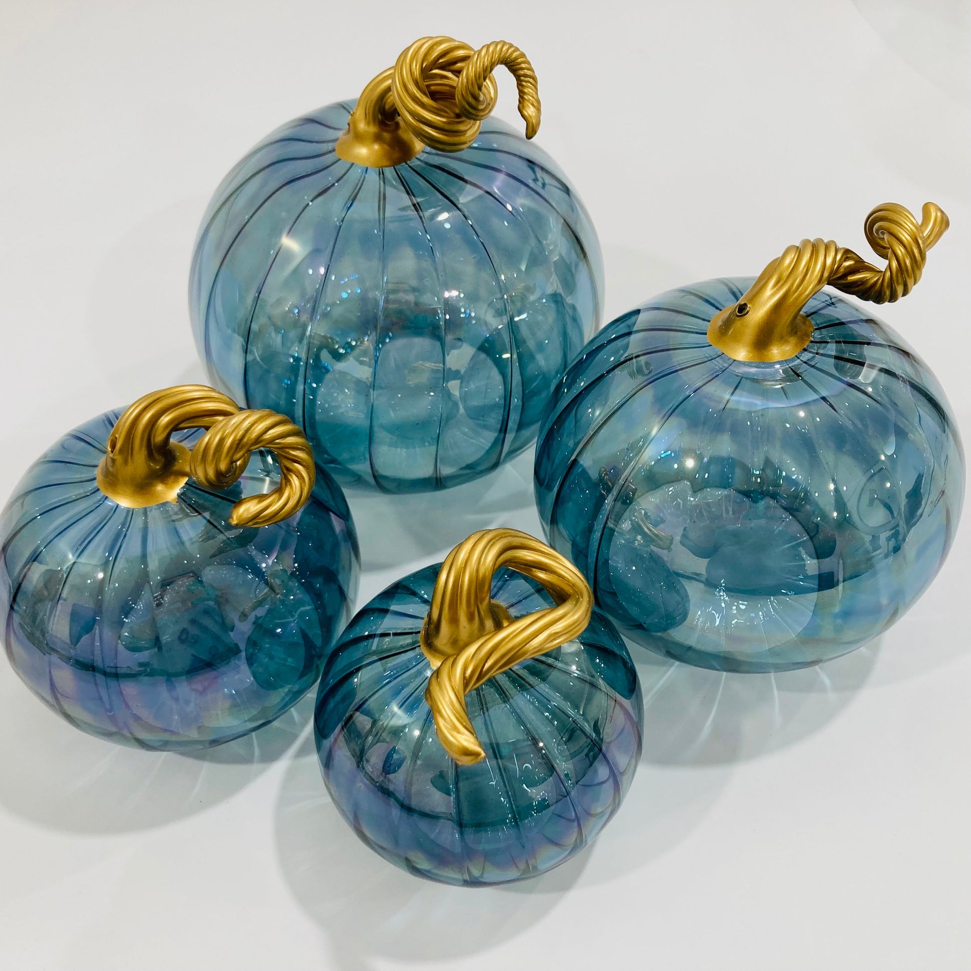 Blown Glass Tabletop Pumpkin - Iridescent Teal with Gold Stem