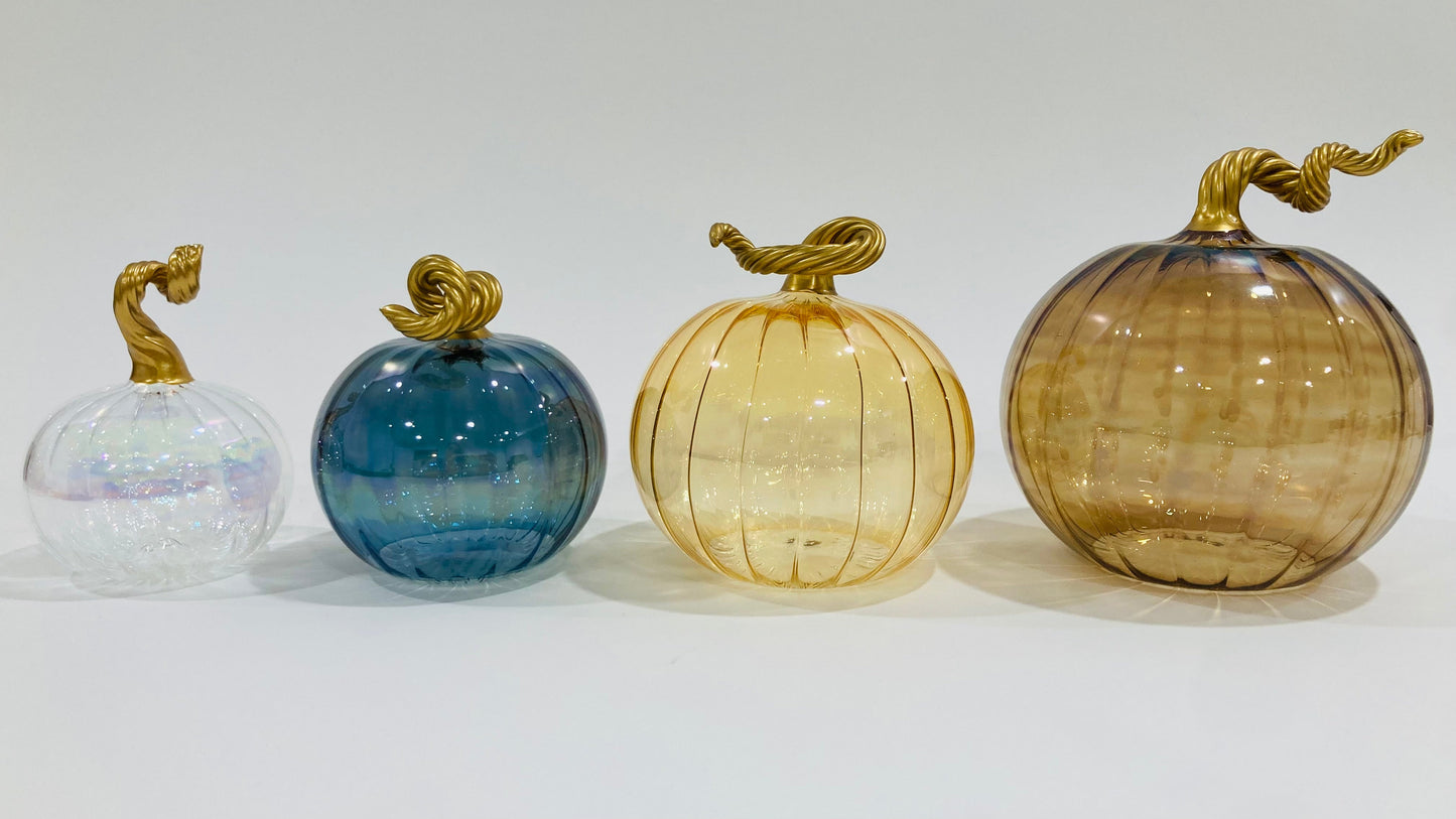 Blown Glass Tabletop Pumpkin - Iridescent Cinnamon with Gold Stem