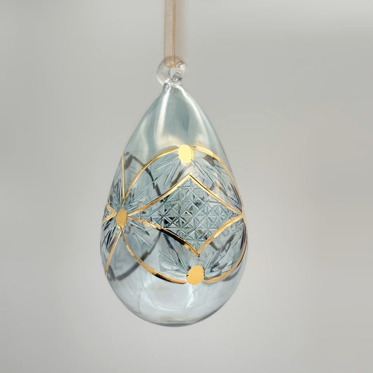 Blown Glass Egg Ornament -  Engraved Flowers in Teal