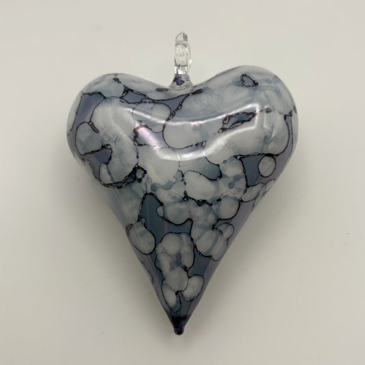 Blown Glass Ornament - Heart: White & Blue