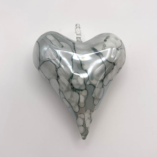 Blown Glass Ornament - Heart: White & Green