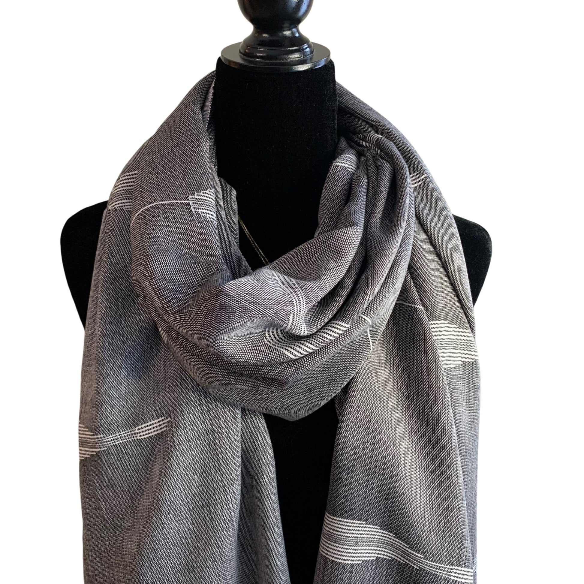 Handwoven Bamboo Viscose Scarf - Feathers Black & White