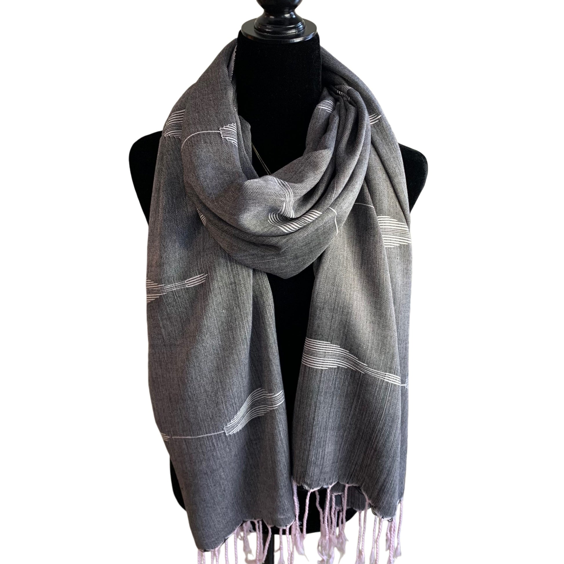 Handwoven Bamboo Viscose Scarf - Feathers Black & White