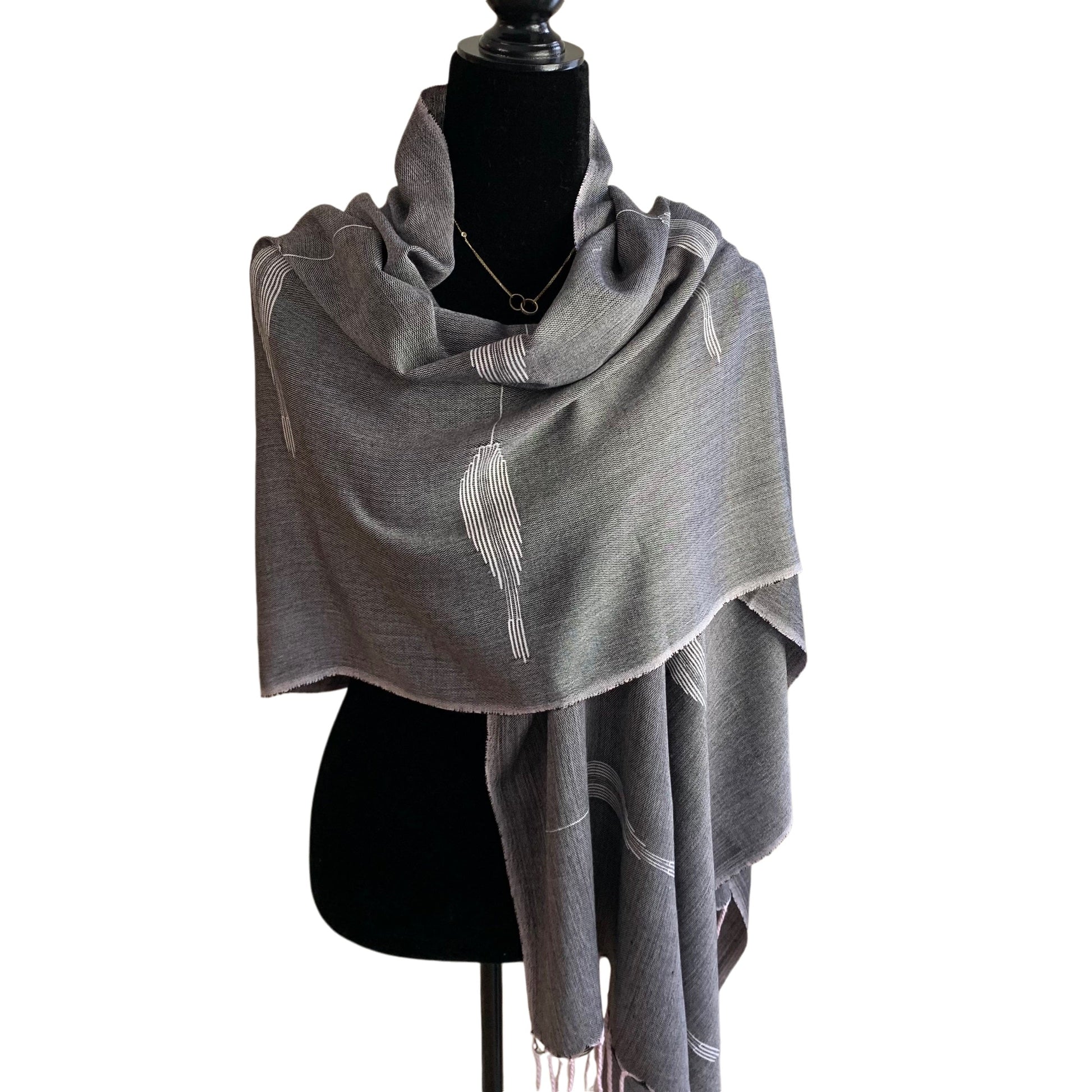 Handwoven Bamboo Viscose Scarf - Feathers Black & White