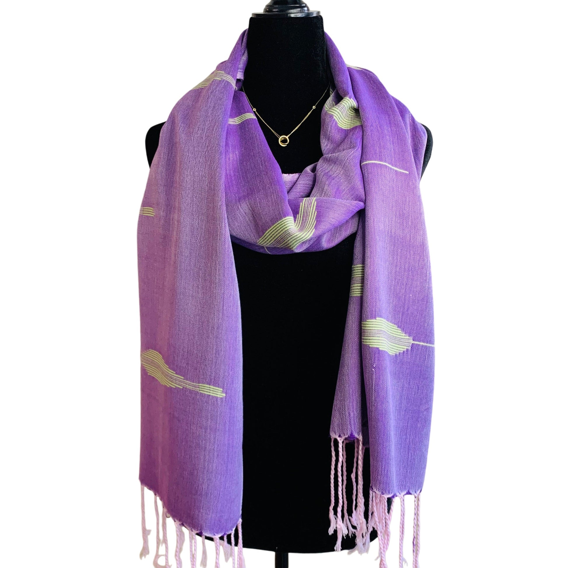 Handwoven Bamboo Viscose Scarf - Feathers Lilac & Green