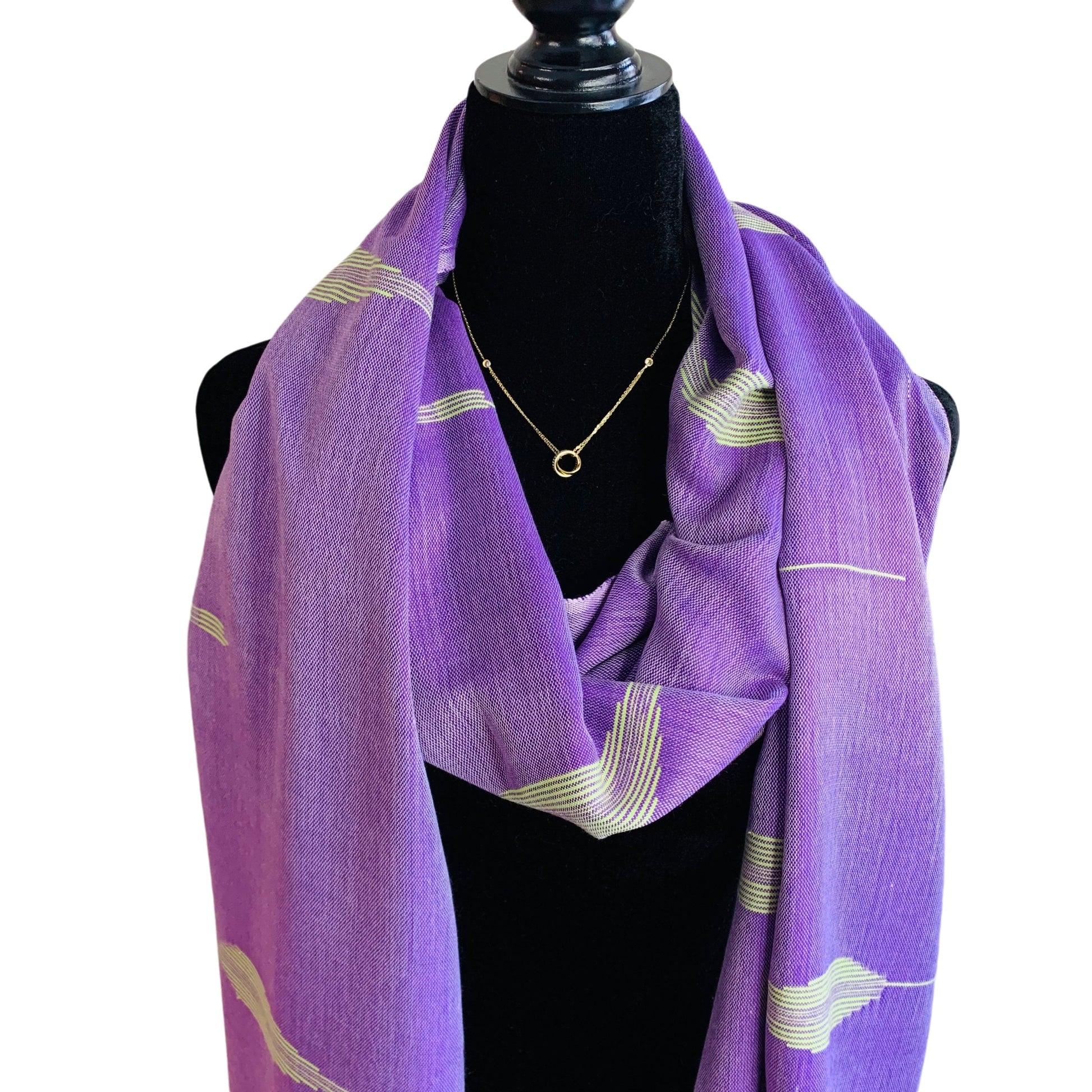 Handwoven Bamboo Viscose Scarf - Feathers Lilac & Green