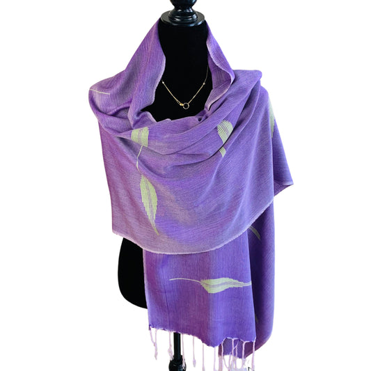 Handwoven Bamboo Viscose Scarf - Feathers Lilac & Green