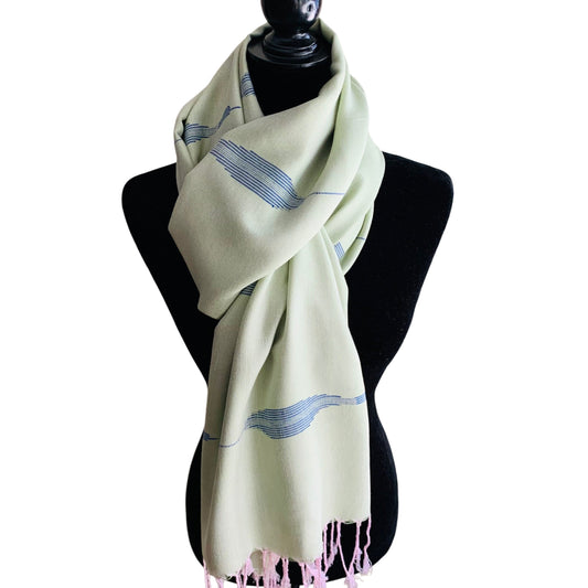 Handwoven Bamboo Viscose Scarf - Feathers Pistachio & Blue