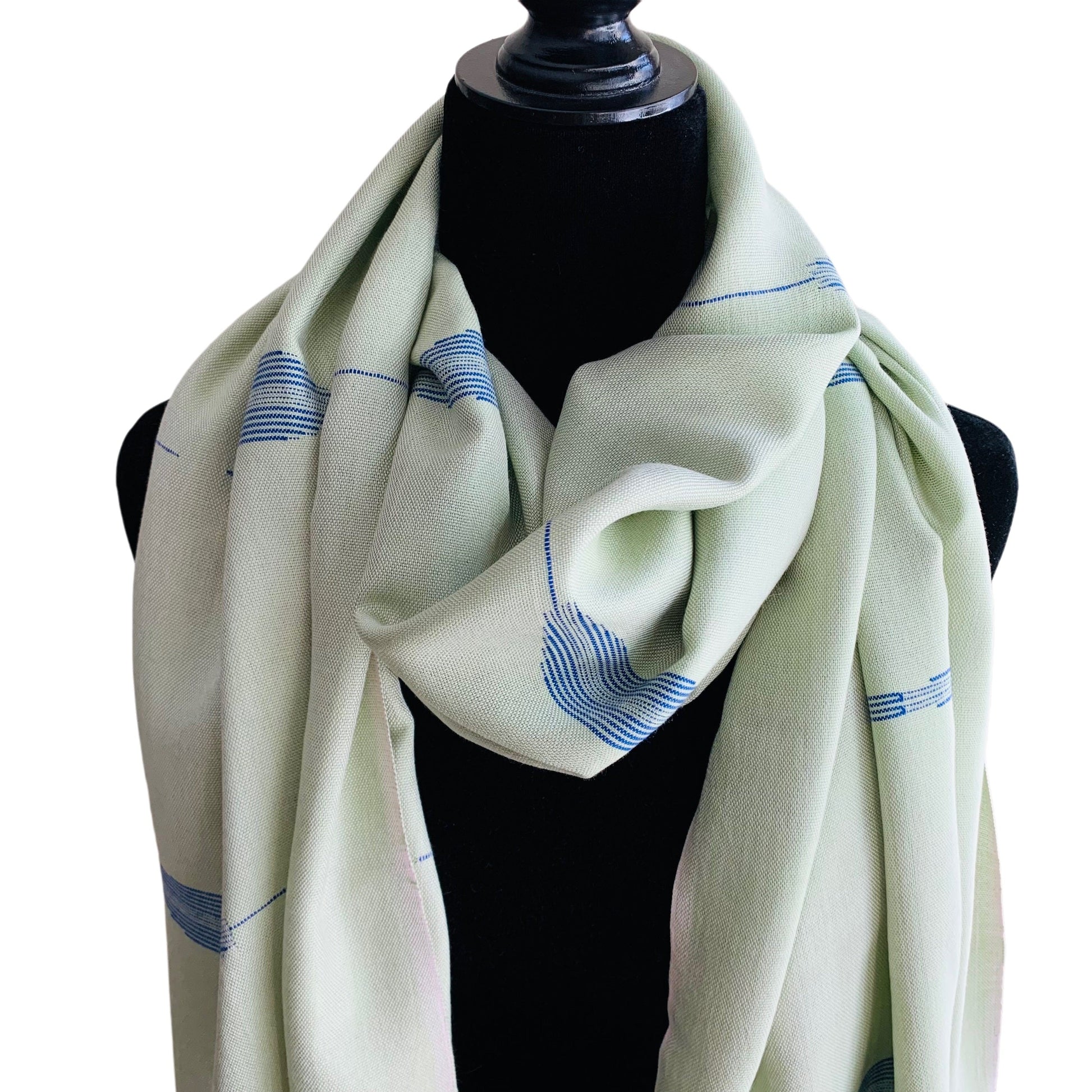 Handwoven Bamboo Viscose Scarf - Feathers Pistachio & Blue