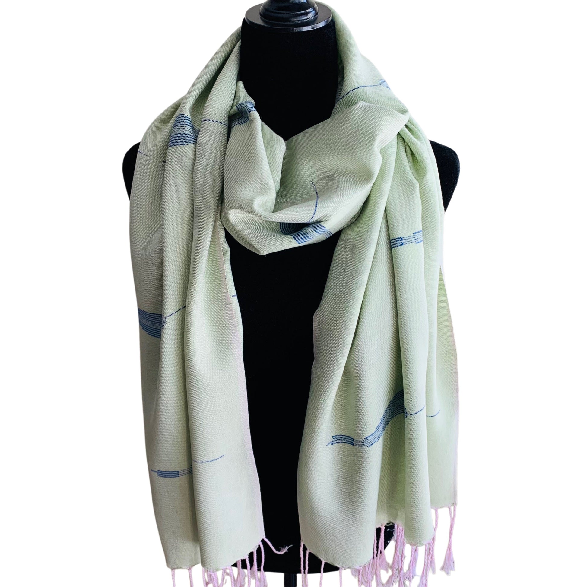 Handwoven Bamboo Viscose Scarf - Feathers Pistachio & Blue