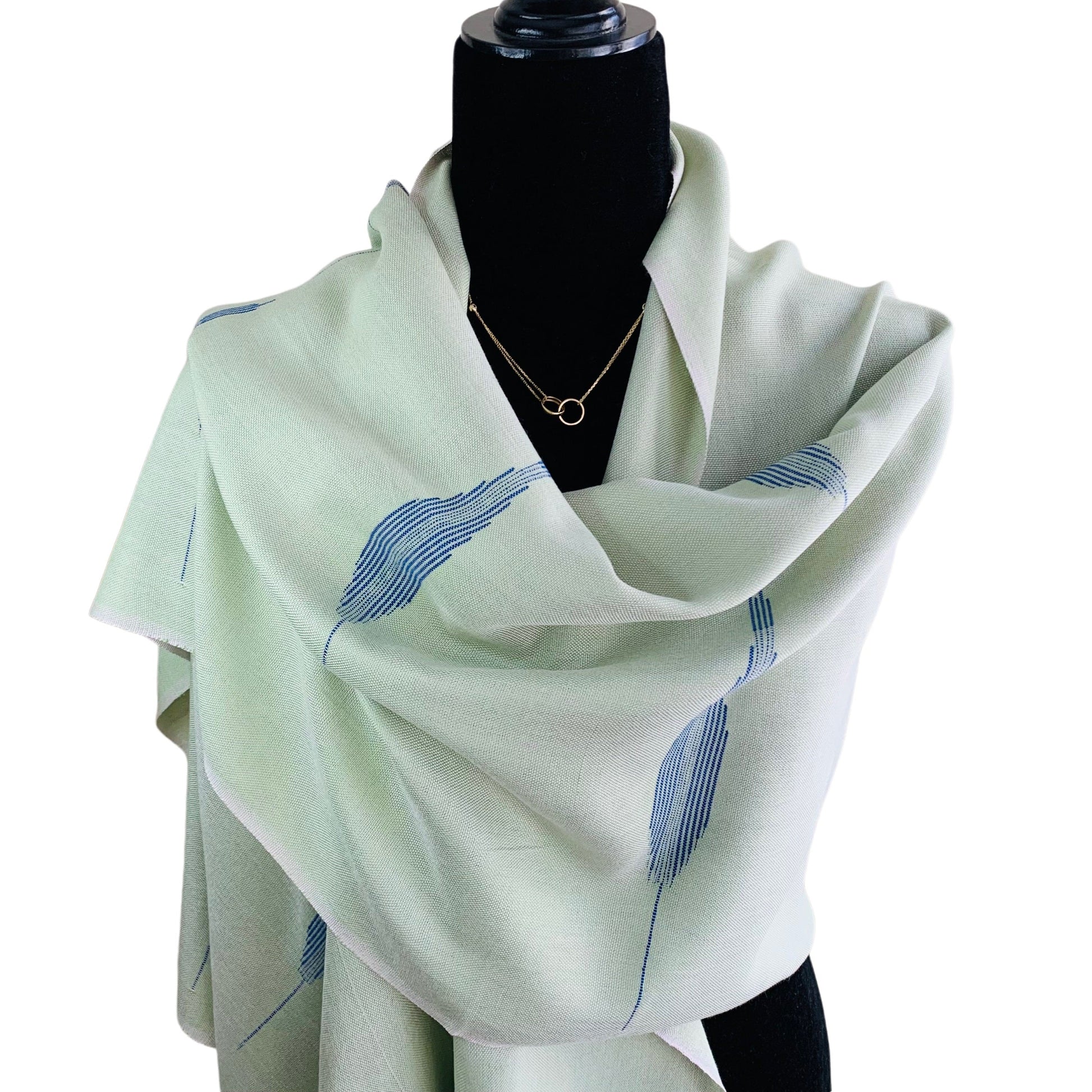 Handwoven Bamboo Viscose Scarf - Feathers Pistachio & Blue