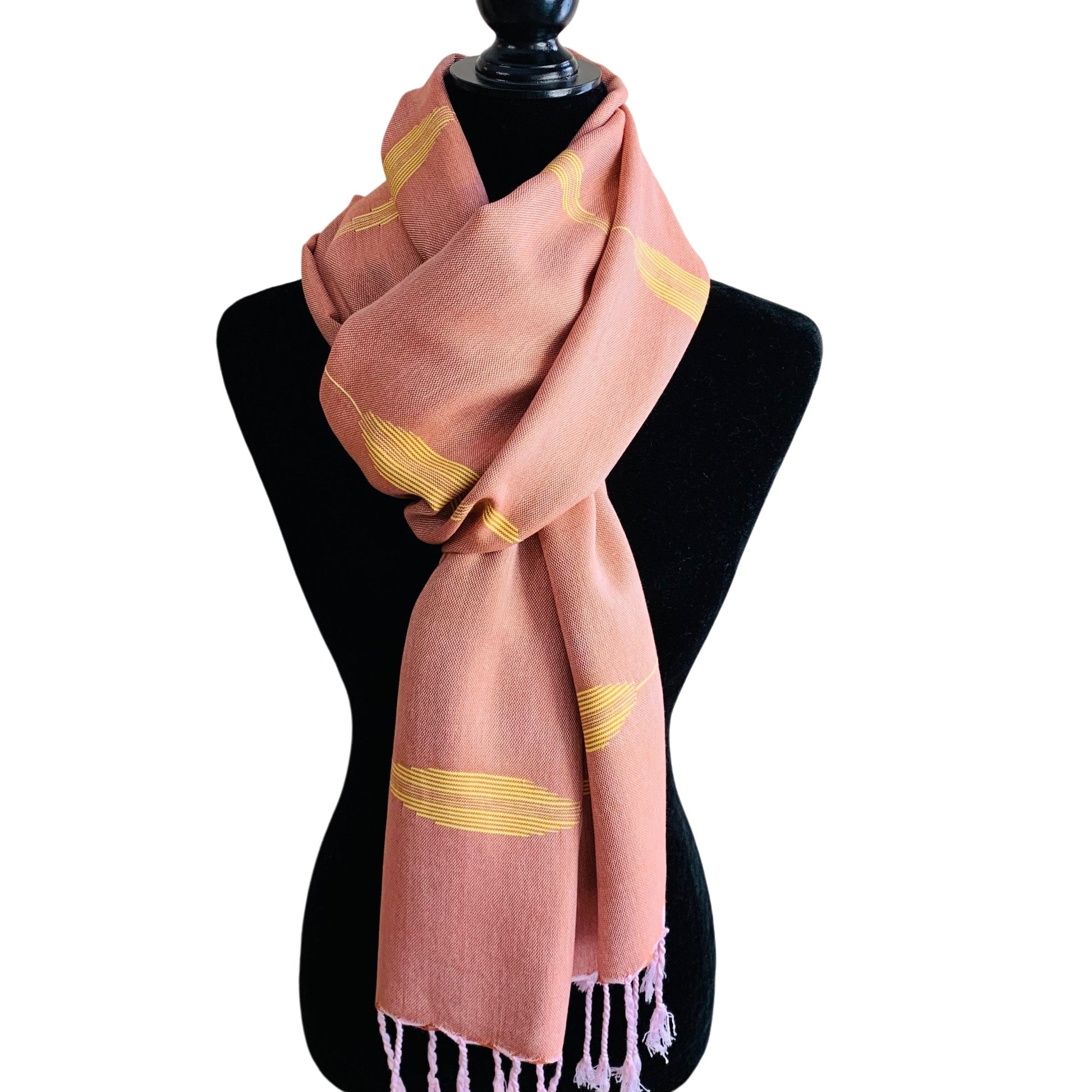 Handwoven Bamboo Viscose Scarf - Feathers Rosewood & Yellow