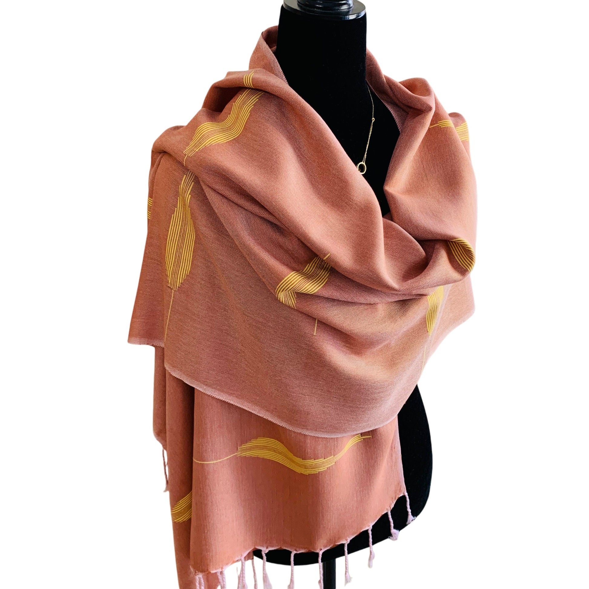 Handwoven Bamboo Viscose Scarf - Feathers Rosewood & Yellow