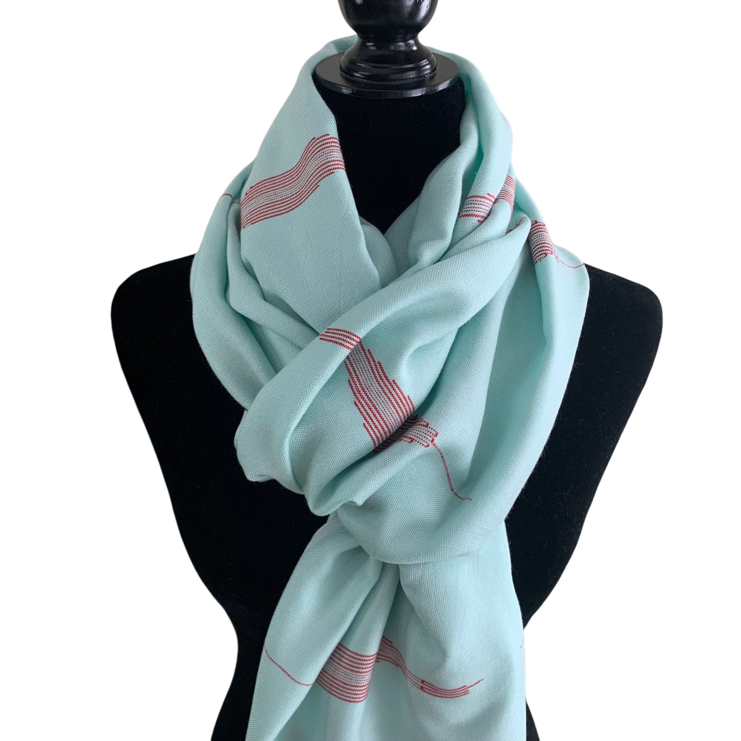 Handwoven Bamboo Viscose Scarf - Feathers Sky Blue & Red