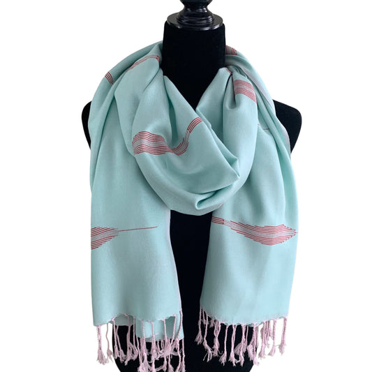 Handwoven Bamboo Viscose Scarf - Feathers Sky Blue & Red