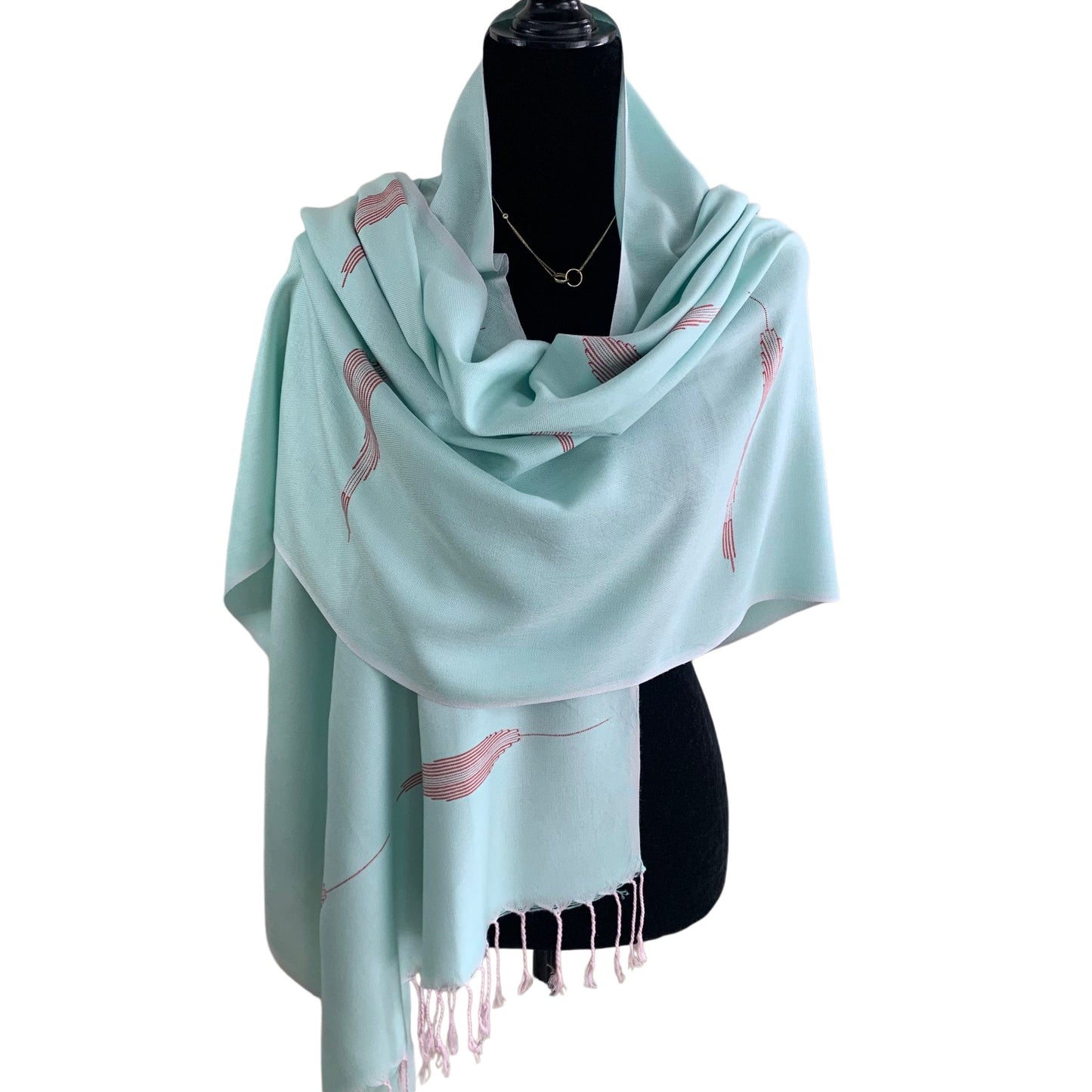 Handwoven Bamboo Viscose Scarf - Feathers Sky Blue & Red