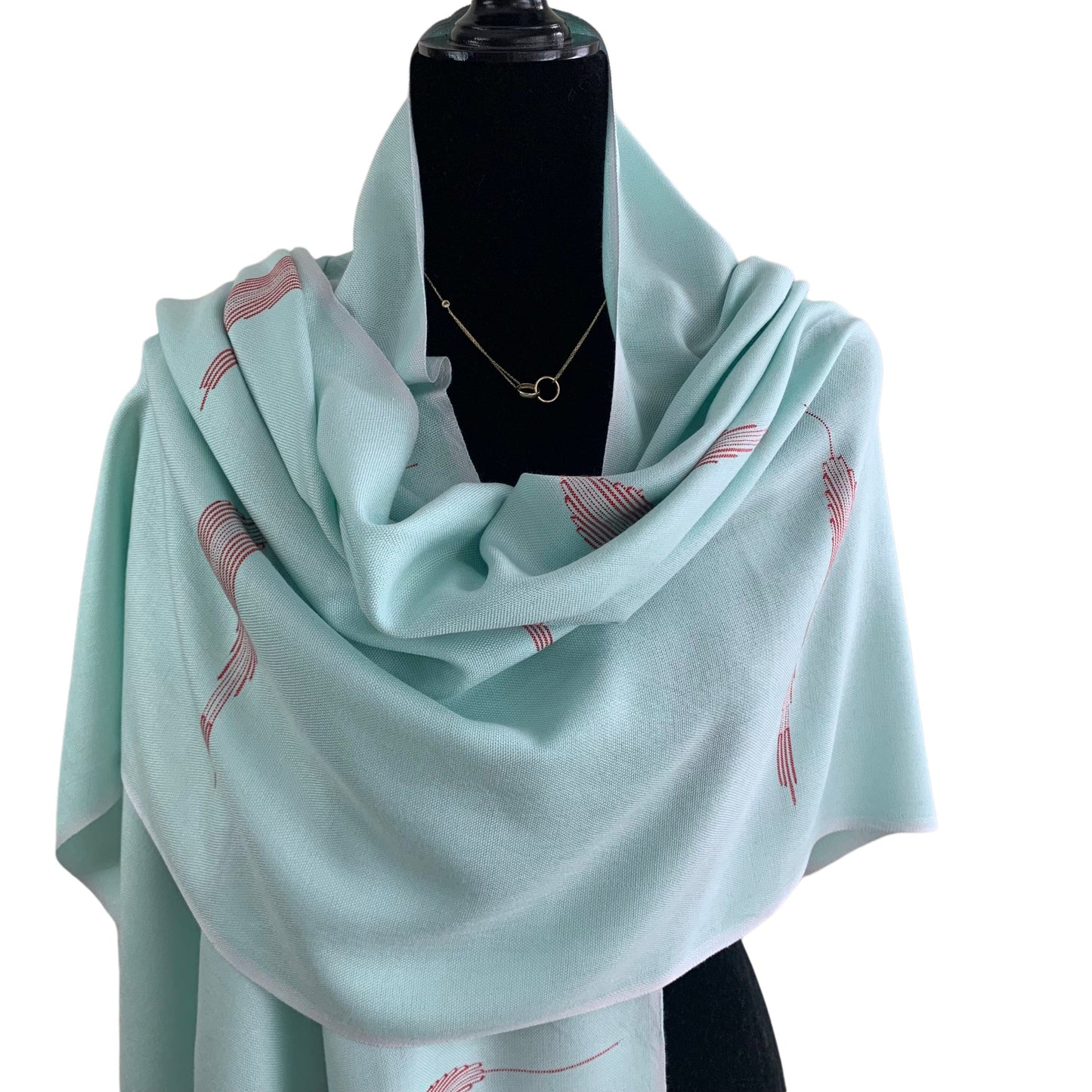 Handwoven Bamboo Viscose Scarf - Feathers Sky Blue & Red