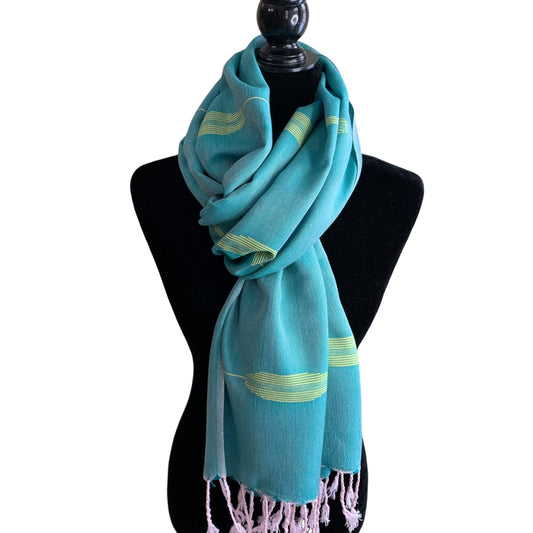 Handwoven Bamboo Viscose Scarf - Feathers Turquoise & Yellow