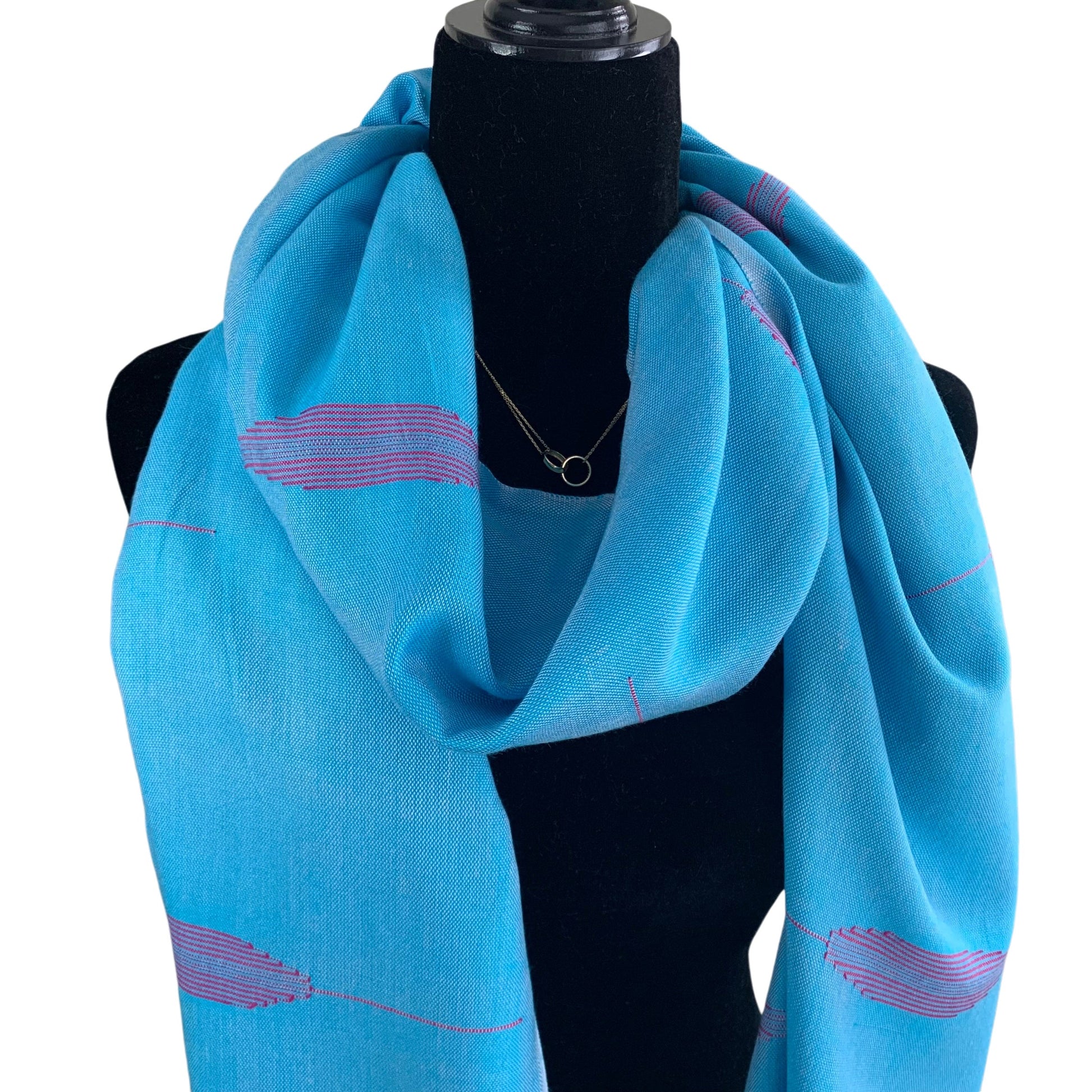 Handwoven Bamboo Viscose Scarf - Feathers Turquoise & Fuchsia