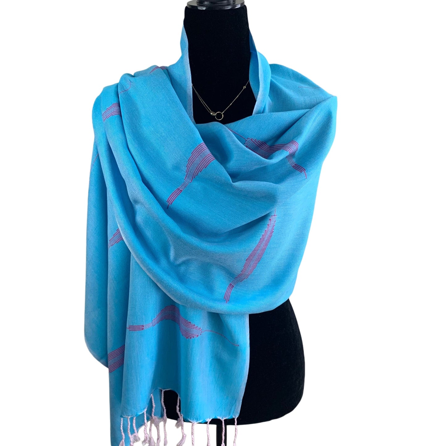 Handwoven Bamboo Viscose Scarf - Feathers Turquoise & Fuchsia