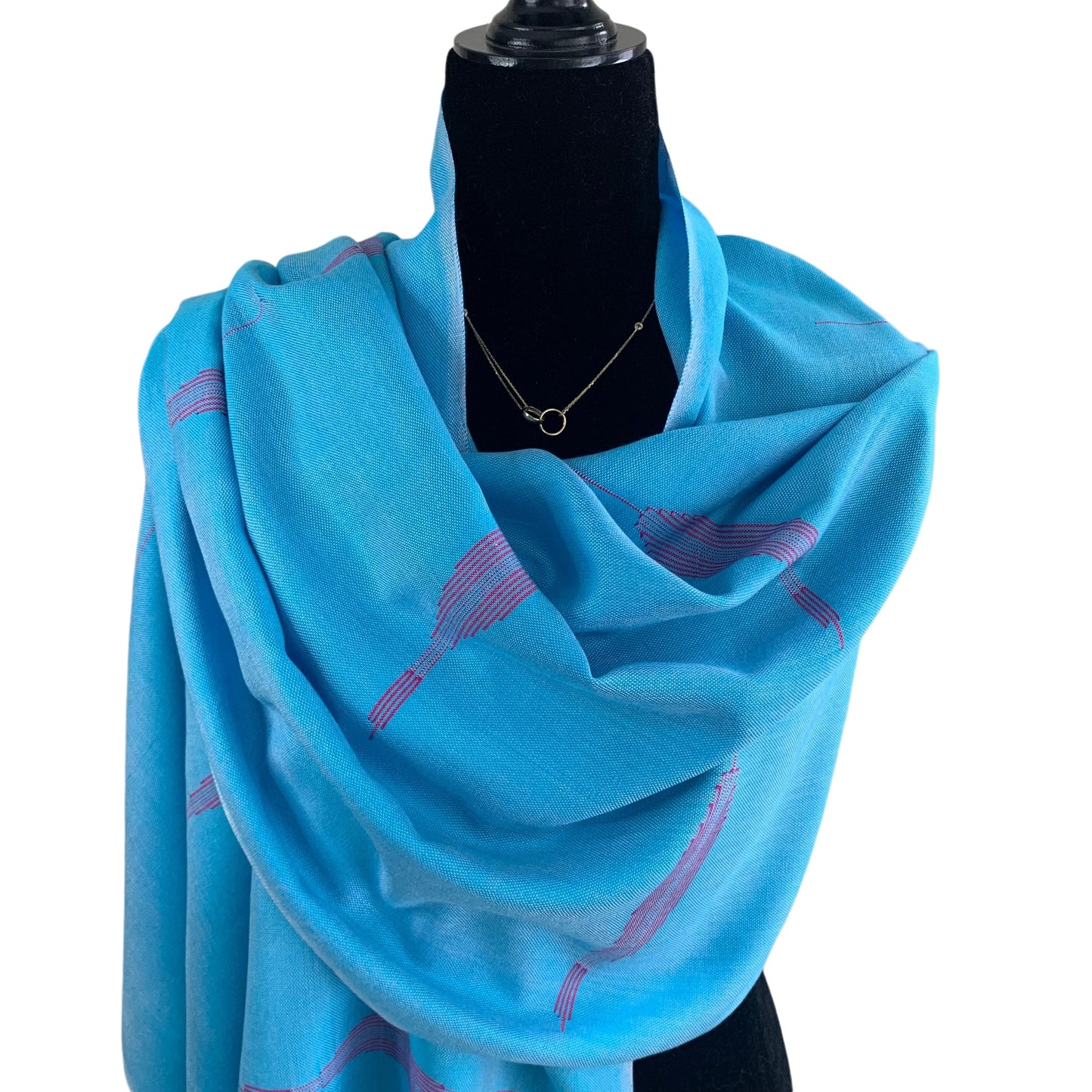 Handwoven Bamboo Viscose Scarf - Feathers Turquoise & Fuchsia