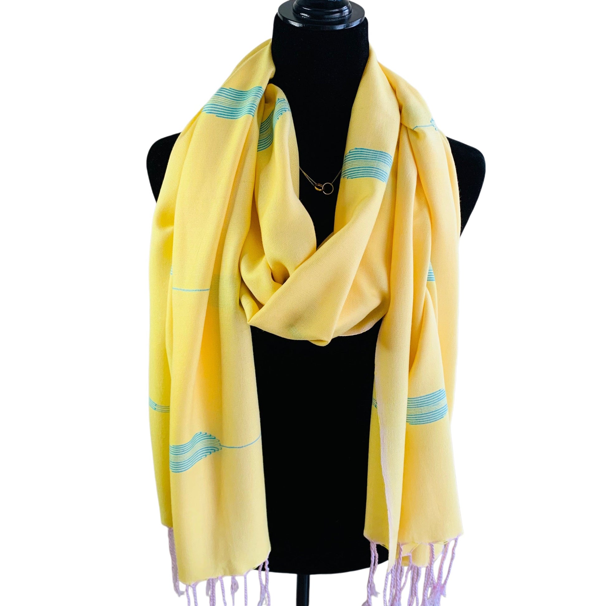 Handwoven Bamboo Viscose Scarf - Feathers Yellow & Turquoise