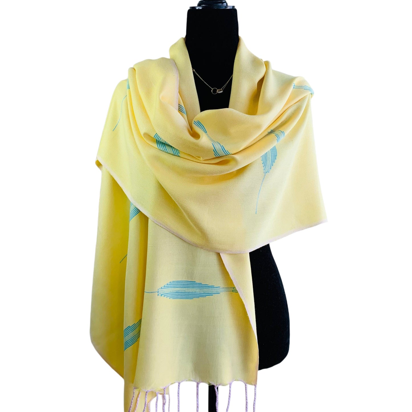 Handwoven Bamboo Viscose Scarf - Feathers Yellow & Turquoise