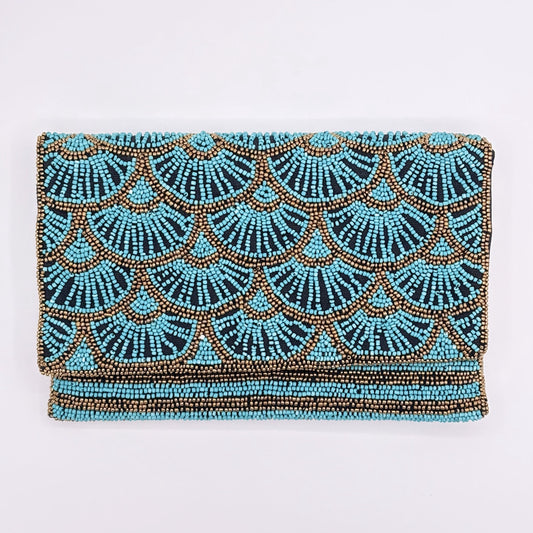 Papyrus Hand-beaded Flap Clutch - Aqua Blue