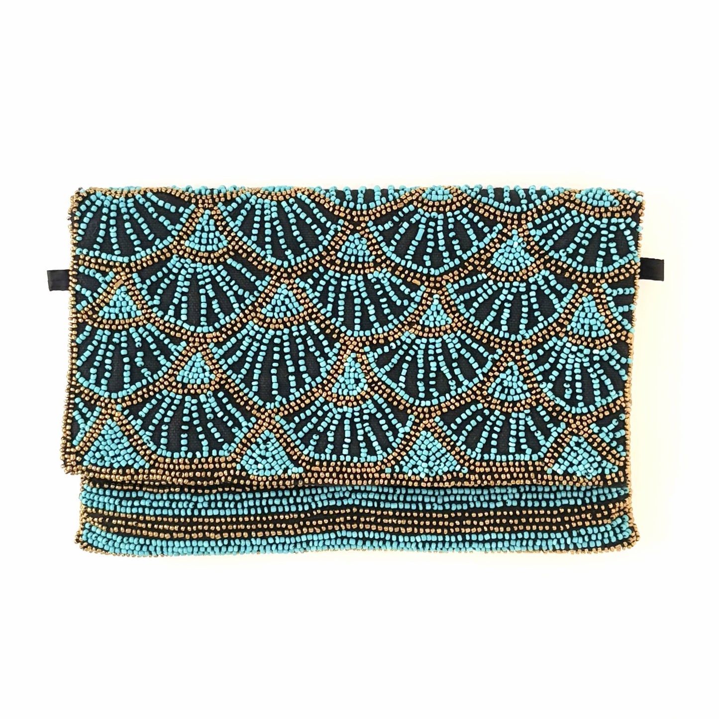 Papyrus Hand-beaded Flap Clutch with Gold Chain - Aqua Blue