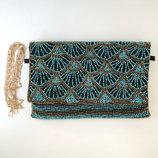 Papyrus Hand-beaded Flap Clutch with Gold Chain - Aqua Blue