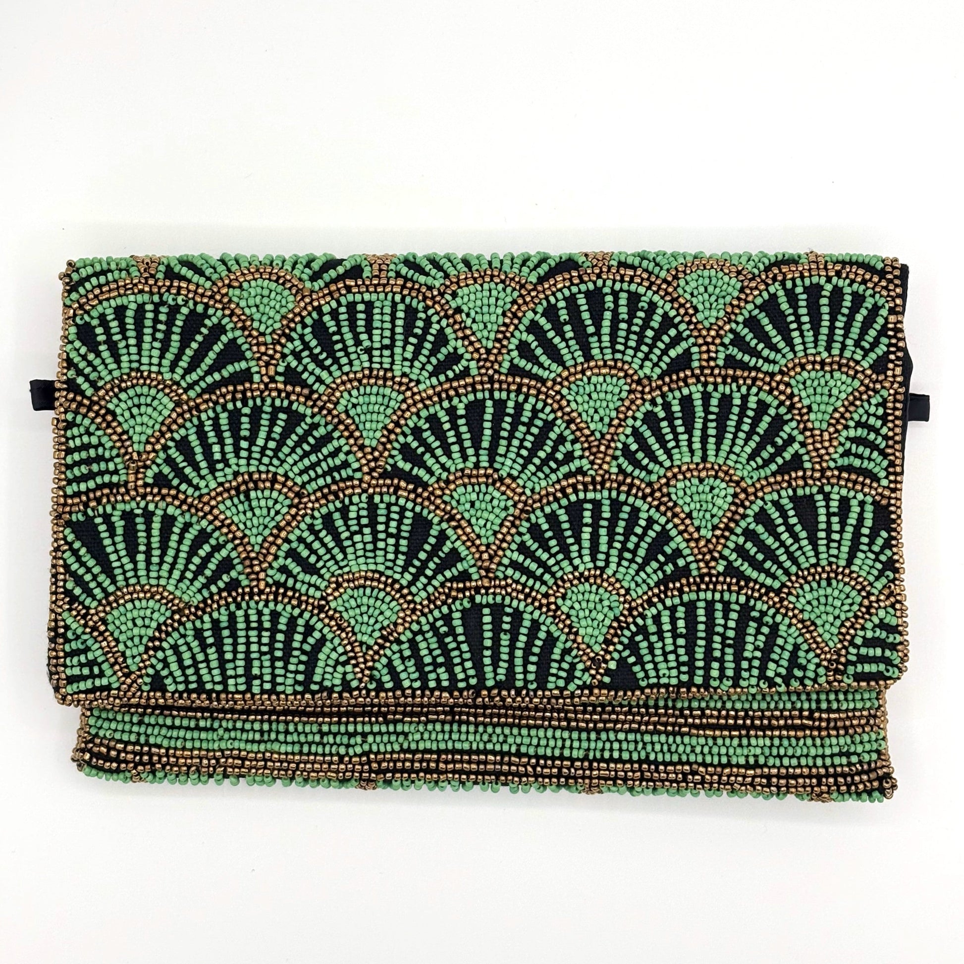 Papyrus Hand-beaded Flap Clutch with Gold Chain - Green