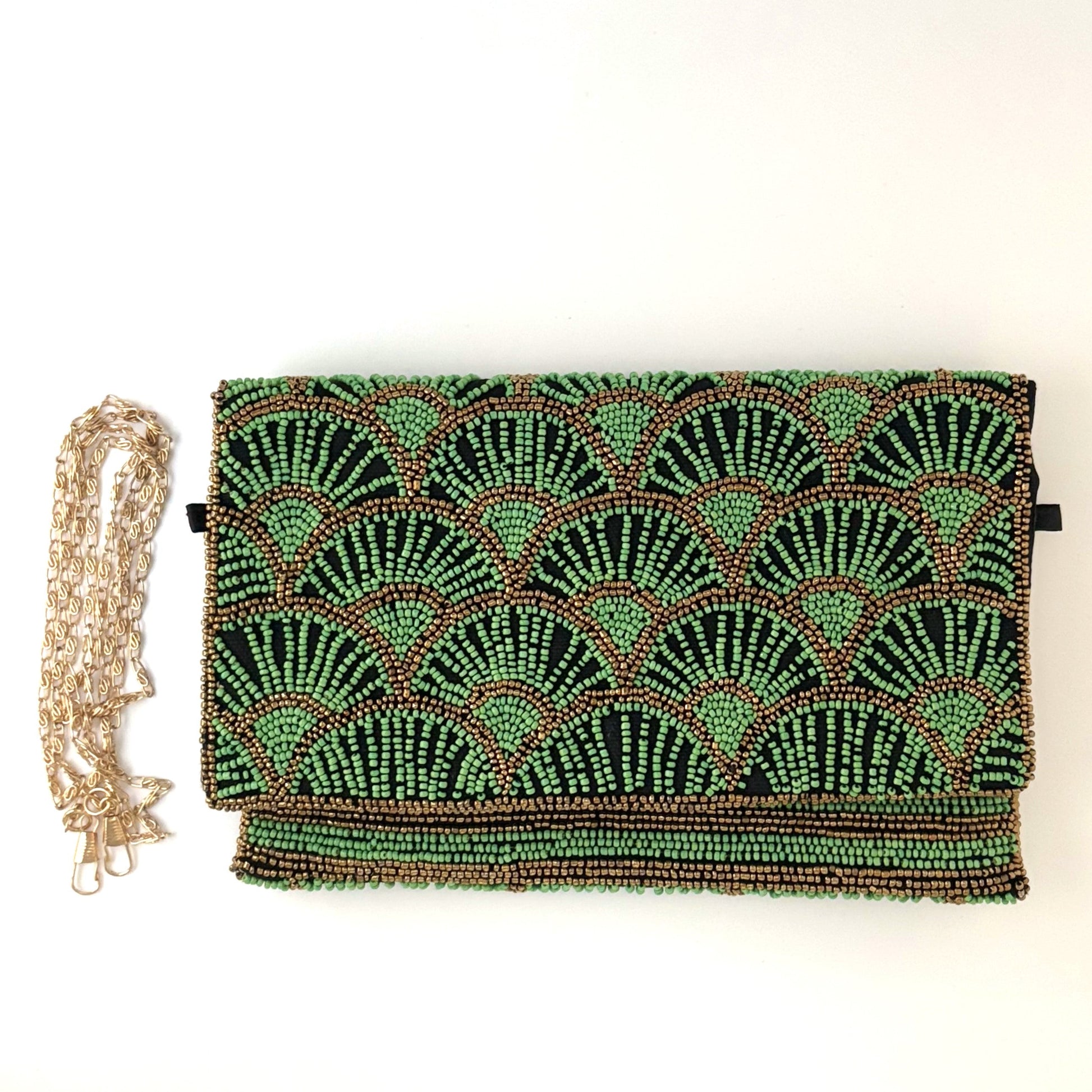 Papyrus Hand-beaded Flap Clutch with Gold Chain - Green