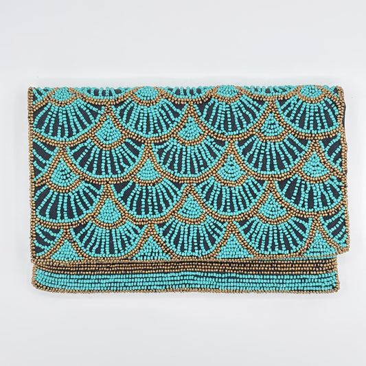 Papyrus Hand-beaded Flap Clutch - Turquoise