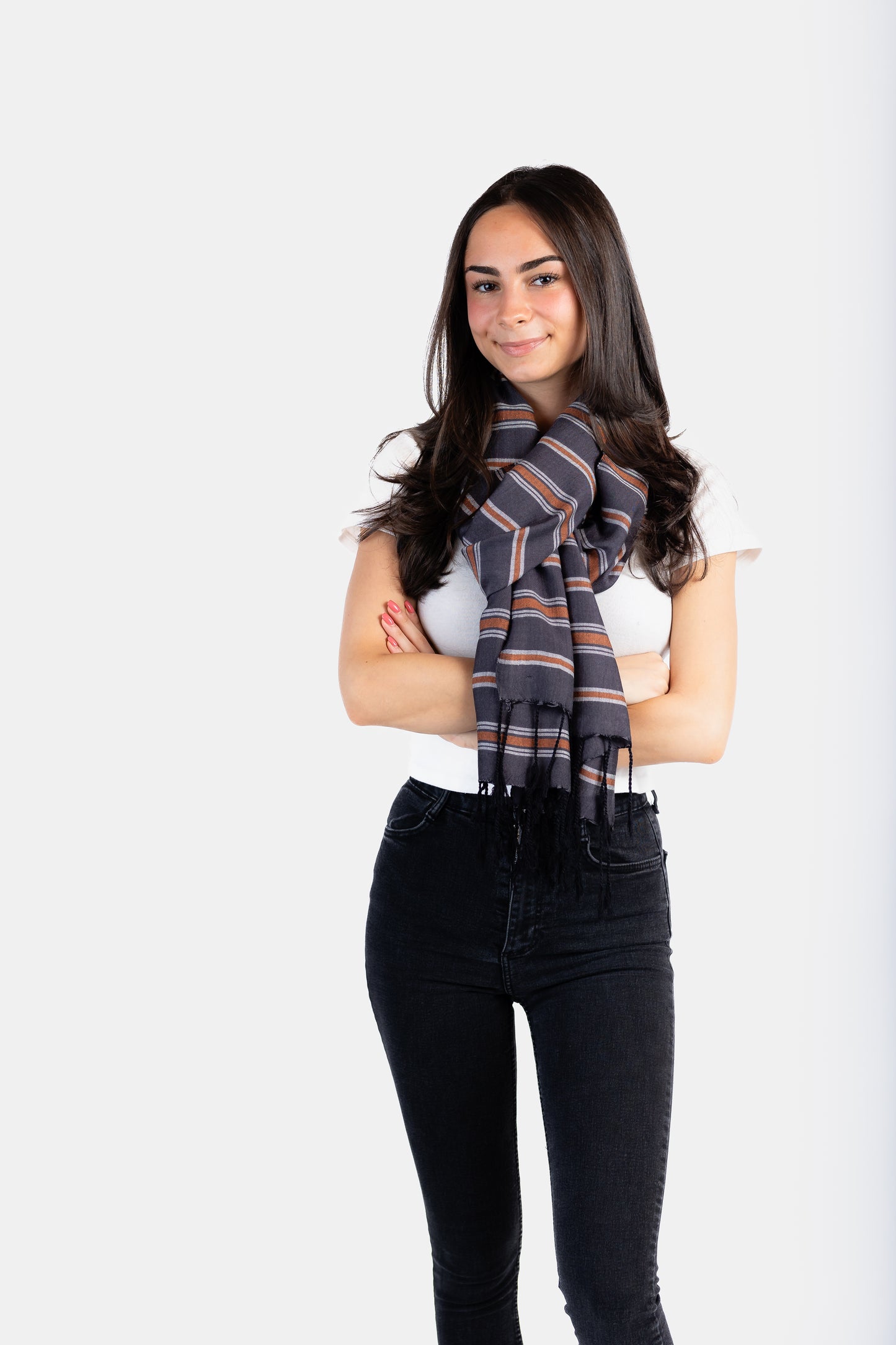Horizontally Striped Handwoven Scarf - Gray & Copper