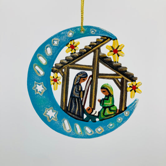 Metal Nativity Ornament with a Blue Moon