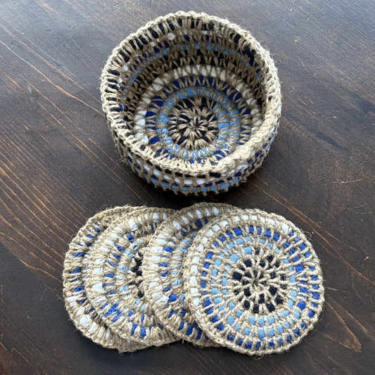 Upcycled Textile Coasters in a Basket