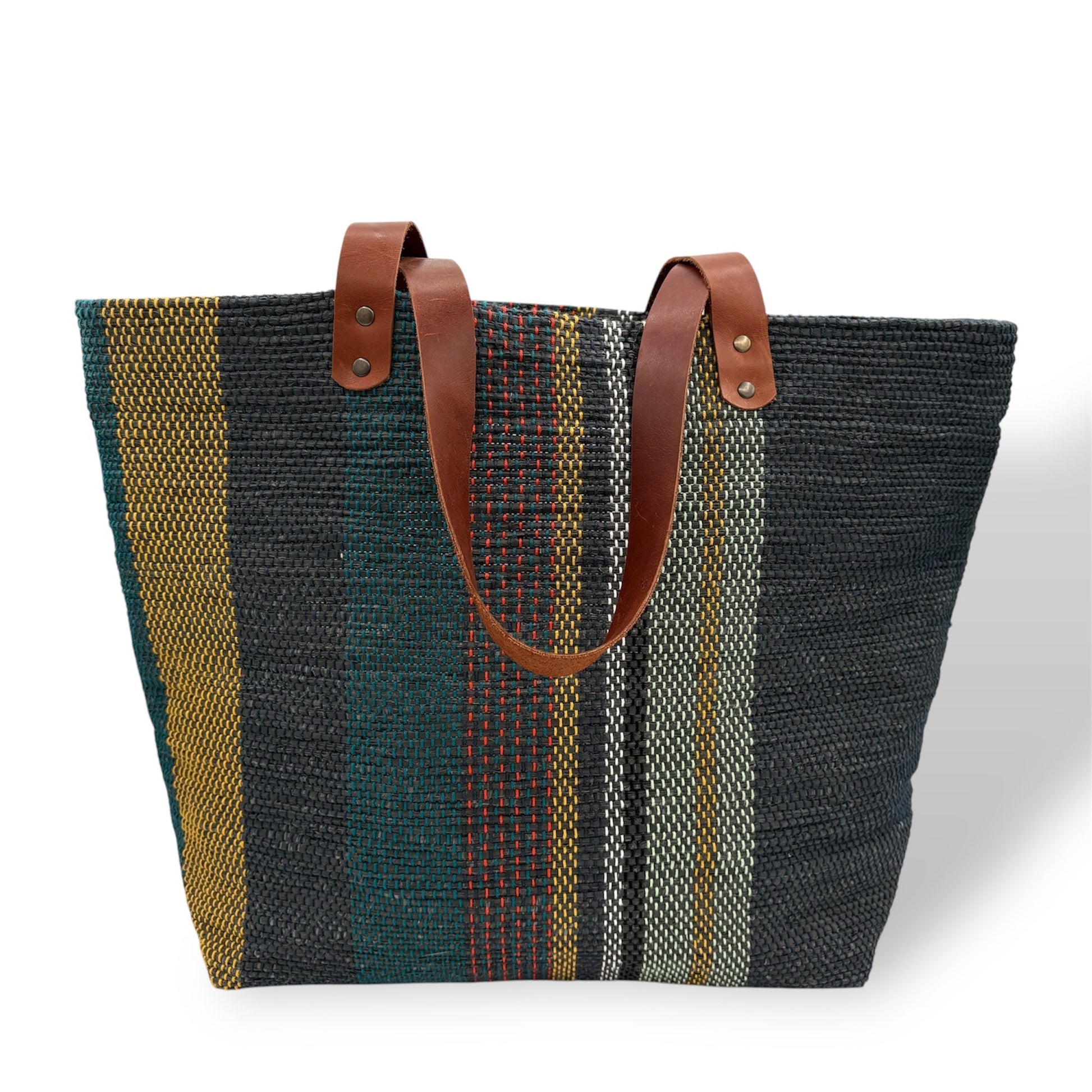 Upcycled Tote Bag with Leather Straps - Blue, Yellow & Mint Stripes