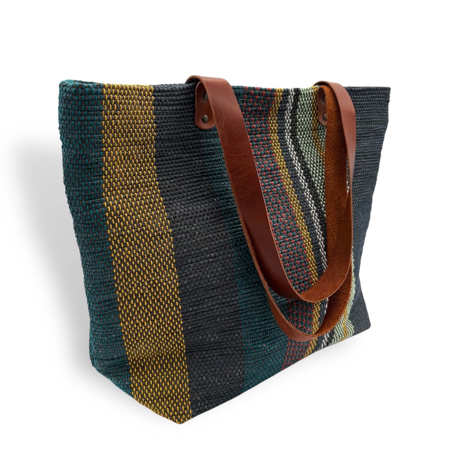 Upcycled Tote Bag with Leather Straps - Blue, Yellow & Mint Stripes