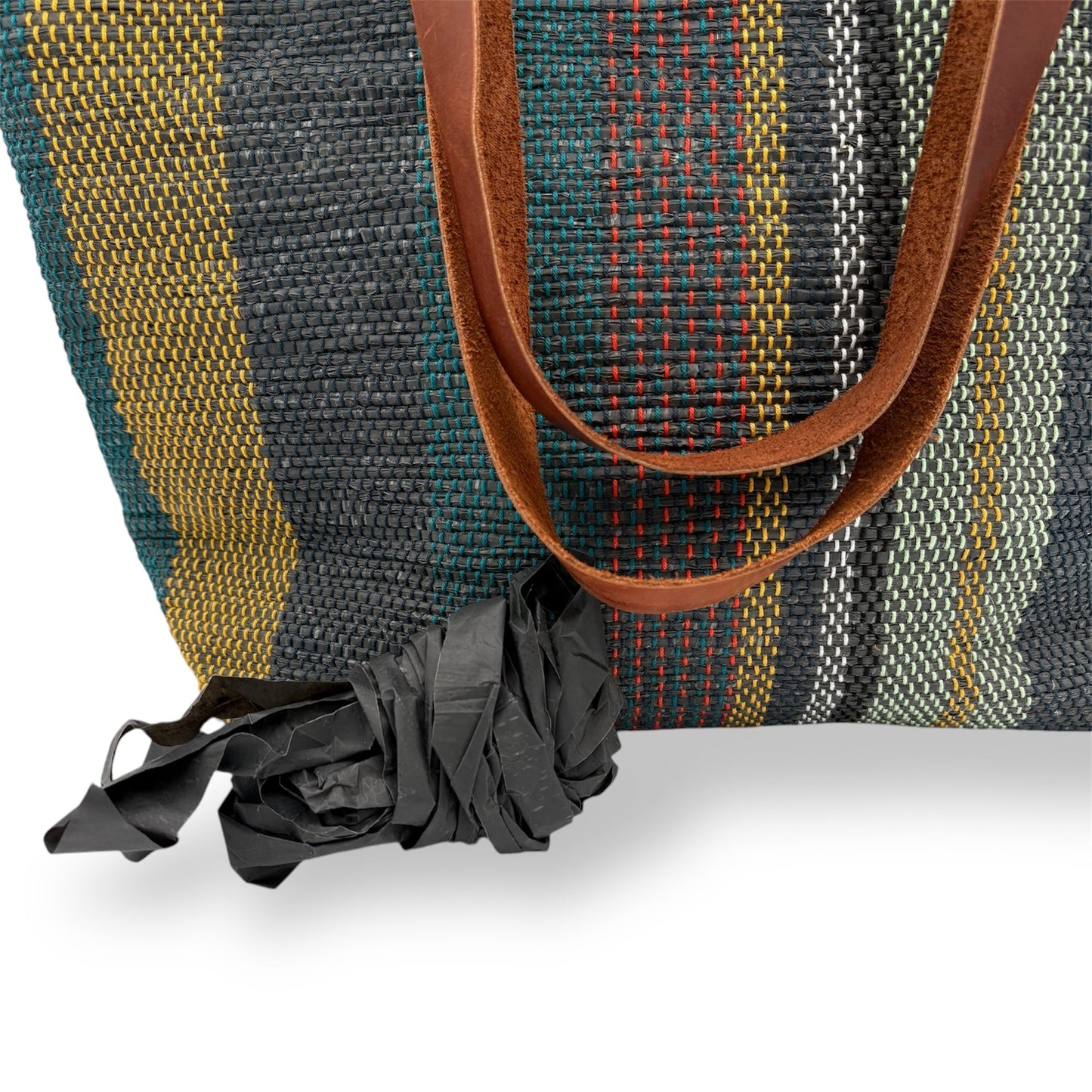 Upcycled Tote Bag with Leather Straps - Blue, Yellow & Mint Stripes