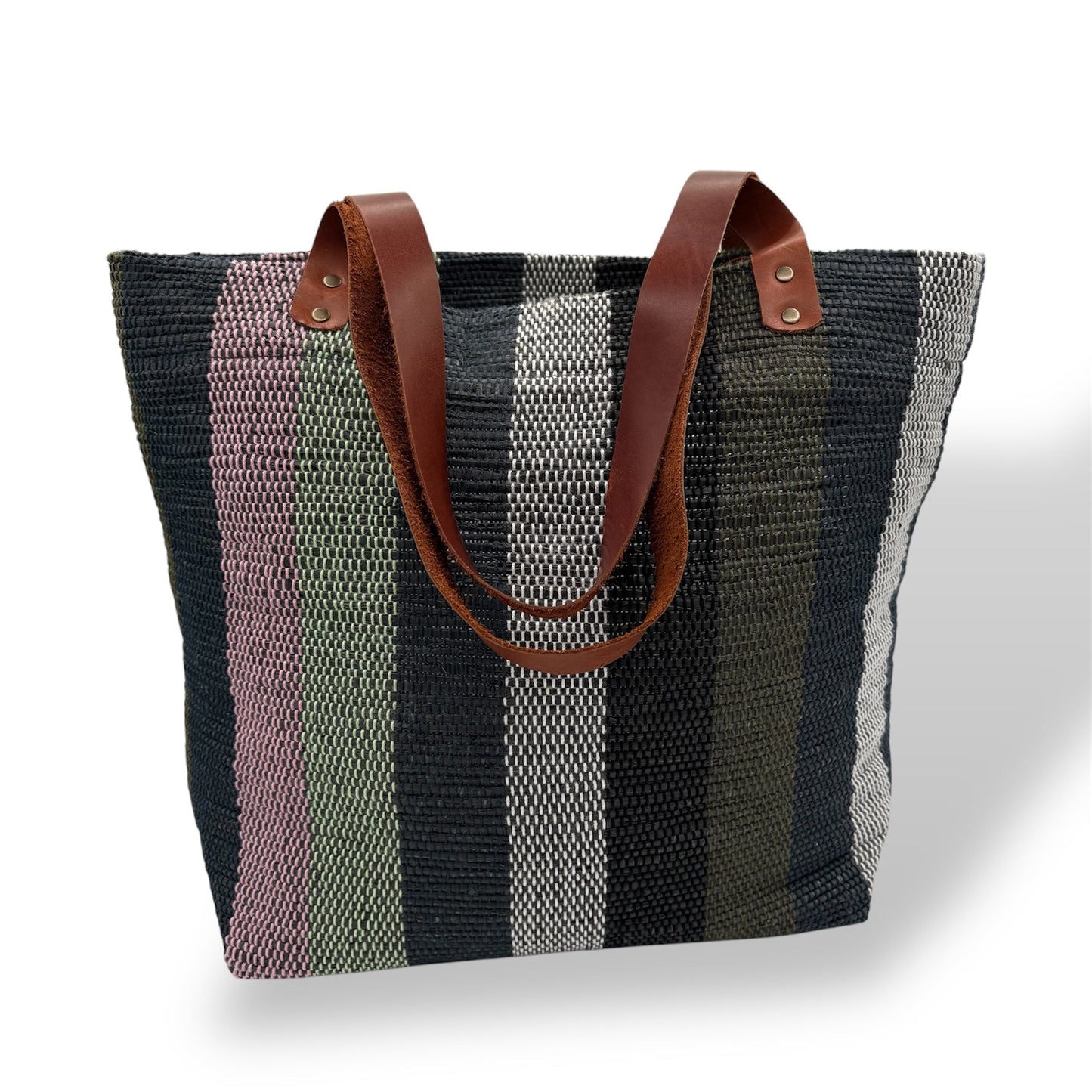 Upcycled Tote Bag with Leather Straps - Black, Pistachio & Pink Stripes